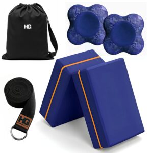 Yoga Blocks Pack of 2 with Belt and 2 Knee Pad for Exercise, Yoga, Pilates & Gym Block Pair to Improve Strength, Balance, Stretching Yoga Bricks Set with Strap for Women and Men, Navy Blue